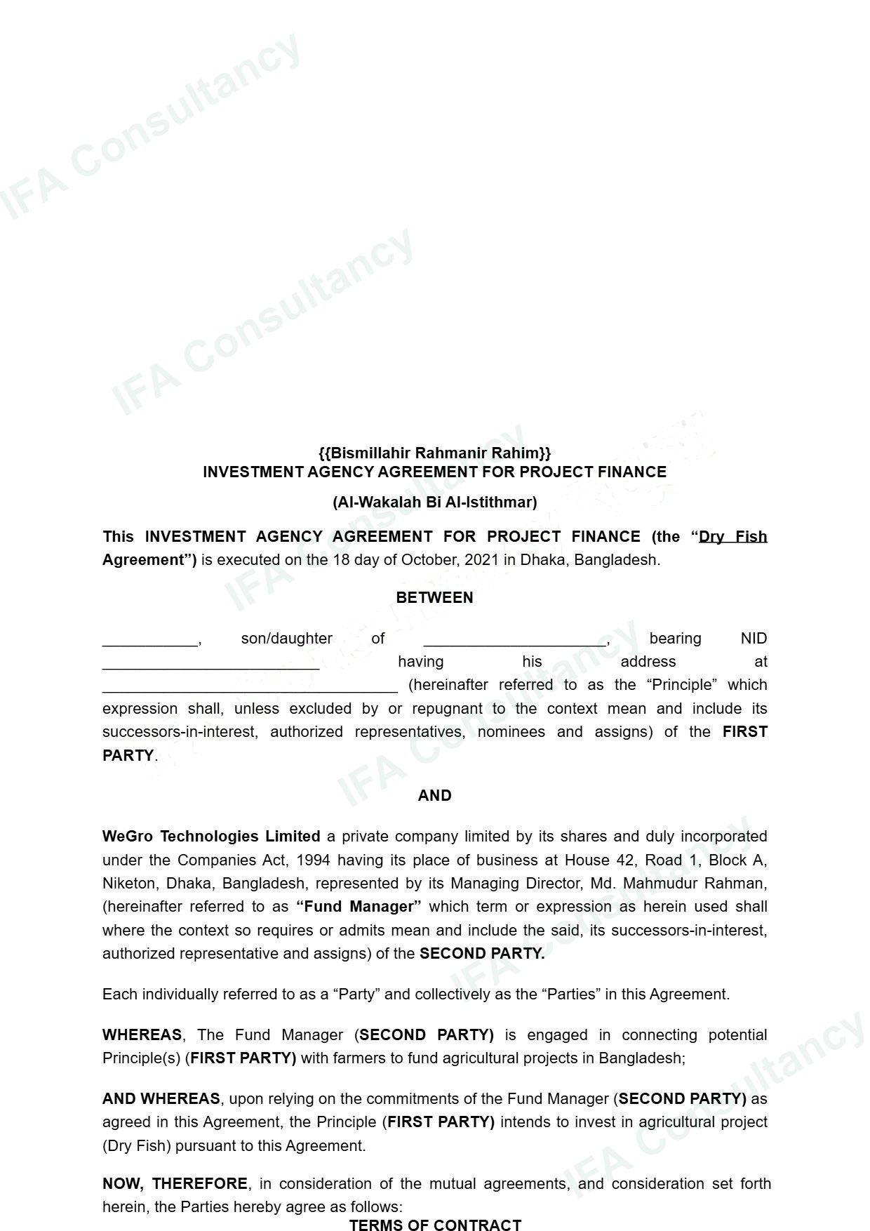 INVESTMENT AGENCY AGREEMENT FOR PROJECT FINANCE পৃষ্ঠা ১